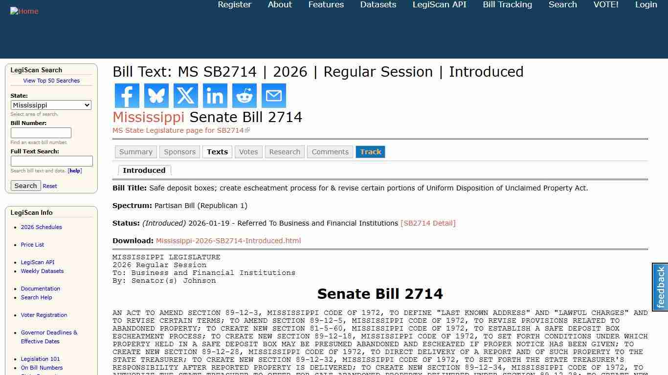 Bill Text: MS SB2714 2026 Regular Session Introduced LegiScan