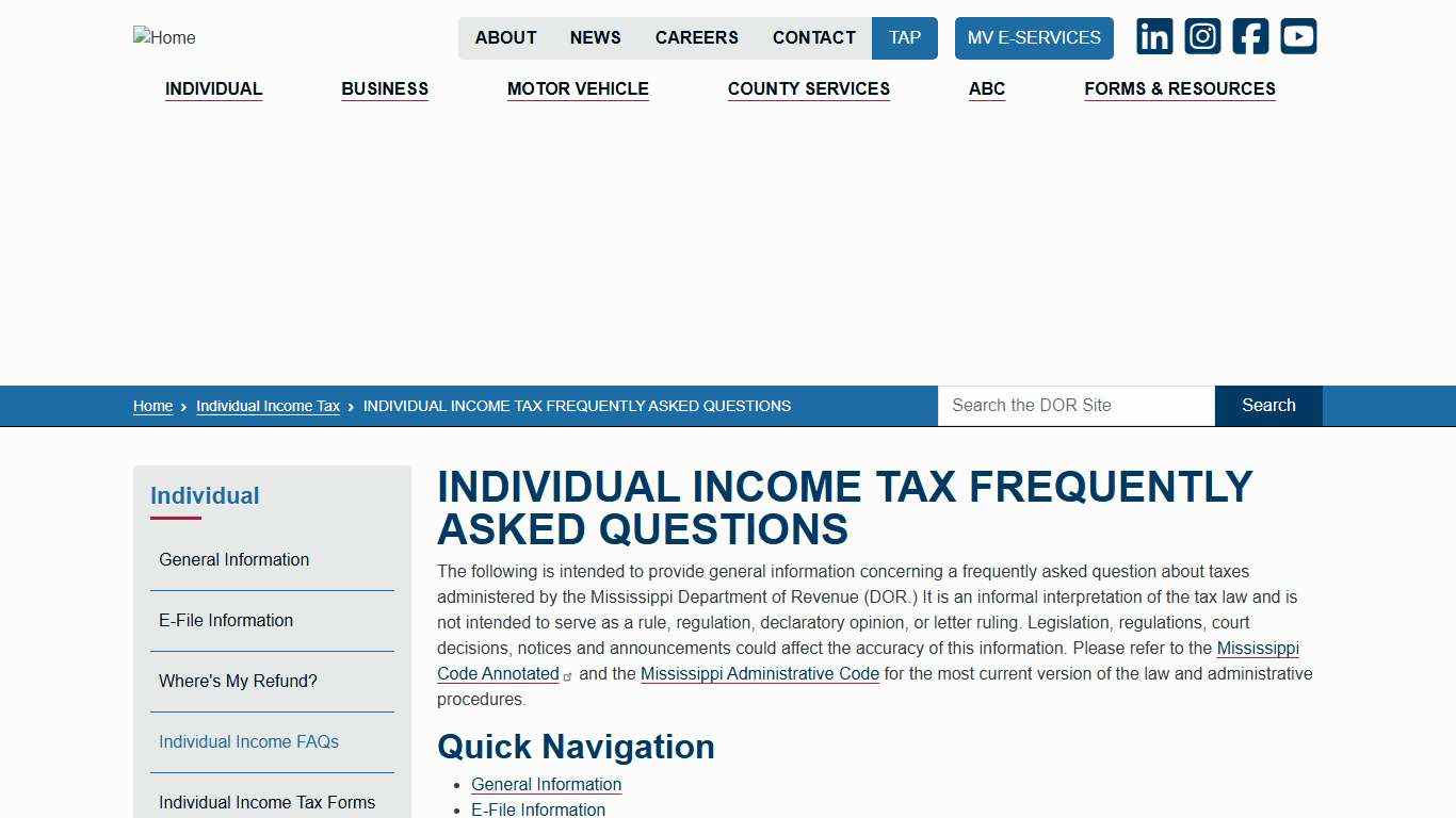 INDIVIDUAL INCOME TAX FREQUENTLY ASKED QUESTIONS Mississippi Department of Revenue