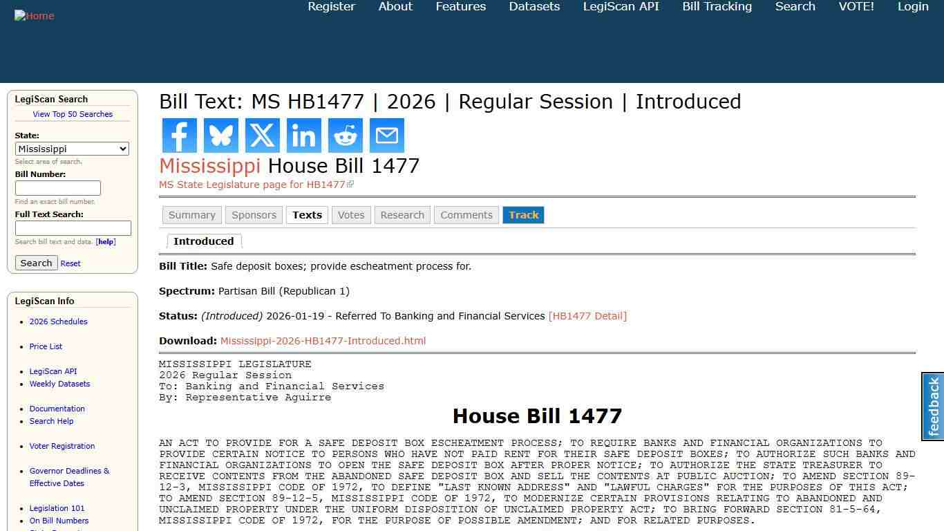 Bill Text: MS HB1477 2026 Regular Session Introduced LegiScan